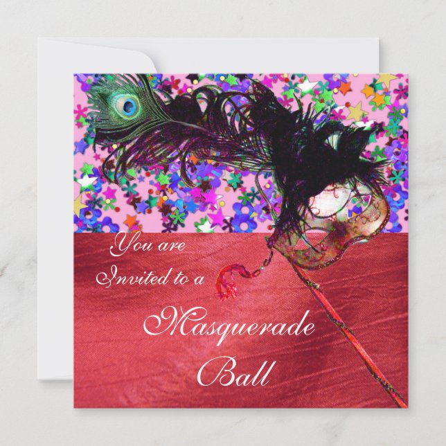 Invitation MARDI GRAS MASQUERADE & CONFETTI soie rouge (Devant)