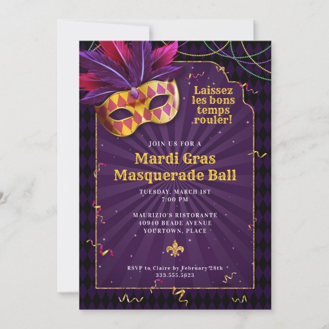 Invitation Mardi Gras Masquerade, Fat Tuesday Party (Devant)