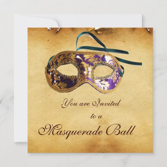 Invitation MARDI GRAS MASQUERADE MASKS Classy Parchment (Devant)
