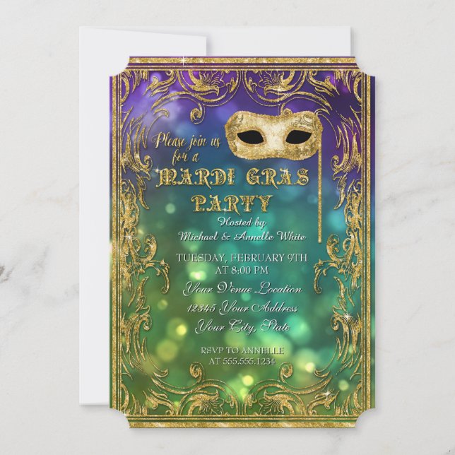 Invitation Mardi Gras Masquerade Masque Bokeh Parties scintil (Devant)