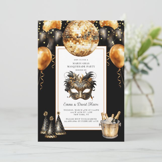 Invitation Mardi Gras Noir Paillettes d'Or (Debout devant)