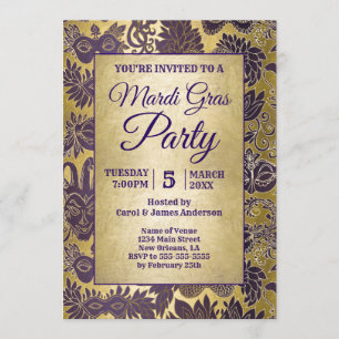 Invitation Mardi Gras Party Purple Faux Gold Mask Back Info