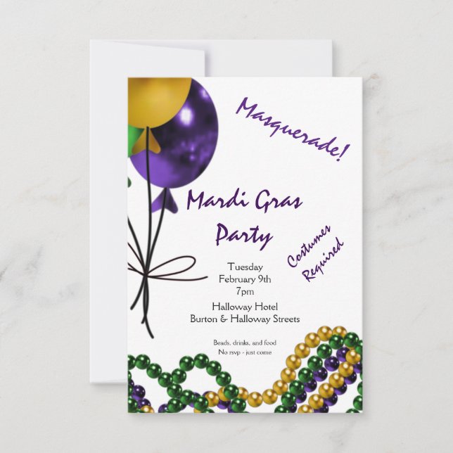 Invitation Mardi Gras Party Purple Gold et Green (Devant)
