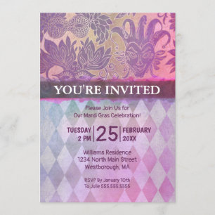 Invitation Mardi Gras Party Purple Gold Mask Arlequin