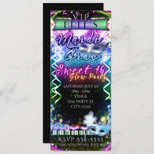 Invitation Mardi Gras Rainbow Glow VIP SWEET 16 Party Ticket