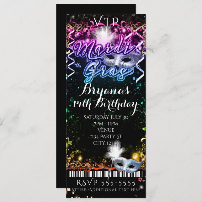 Invitation Mardi Gras Rainbow VIP Billet d'anniversaire (Devant / Derrière)