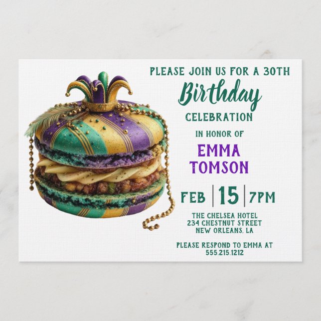 Invitation Mardi Gras Royal Macaron Birthday (Devant)
