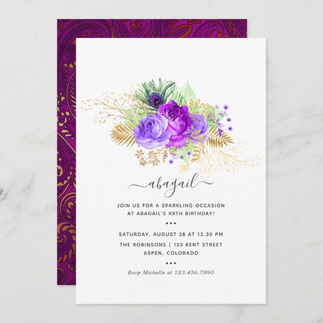 Invitation Mardi GrasTropical Peacock fête d'anniversaire Inv (Devant / Derrière)