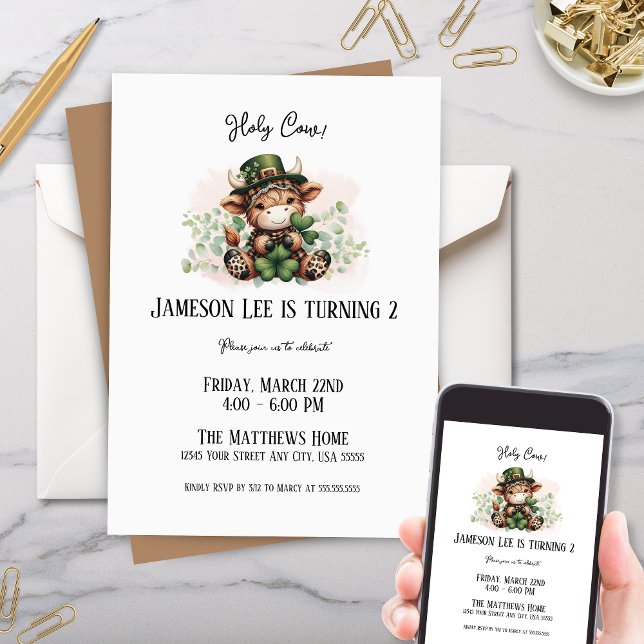 Invitation Mare Mars St patrick Highland Vache fête d'anniver (cute highland cow scottish birthday party invitation for kids holy cow lucky march party invites)