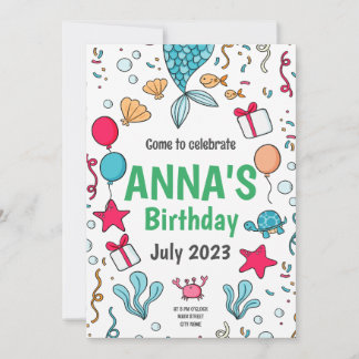 Invitation Marée de sirène mignonne, sous la mer Anniversaire