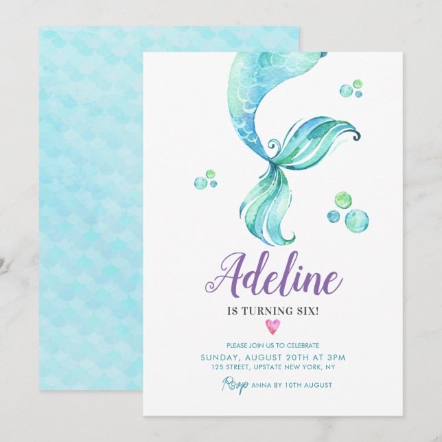 Invitation Marée de sirène sous l'aquarelle de la mer Anniver (Devant / Derrière)
