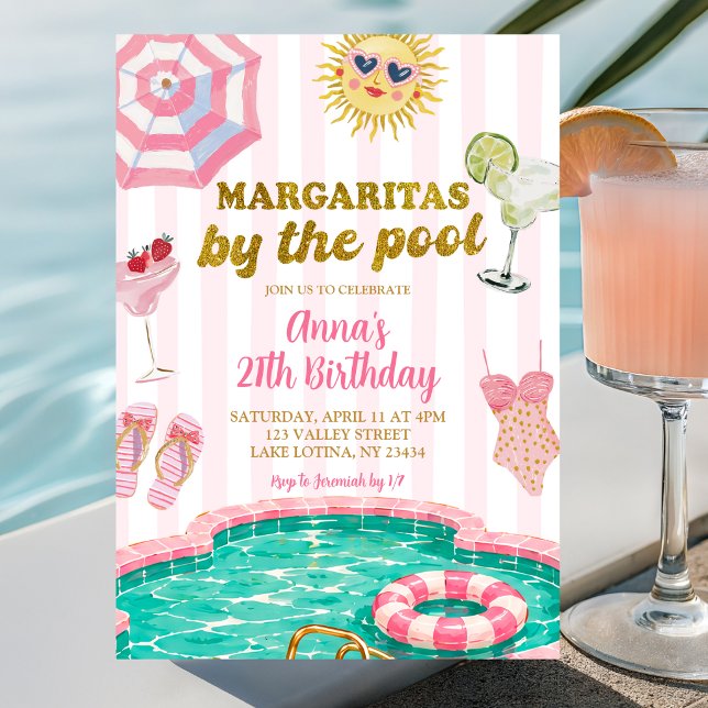 Invitation Margaritas à rayures roses près de la piscine pour (Créateur téléchargé)