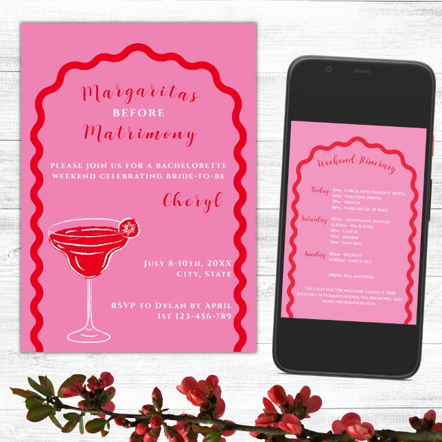 Invitation Margaritas Et Mariage Bachelorette Week-End (Margaritas And Matrimony Bachelorette Weekend Itinerary Hot Pink And Red Wavy Arch)