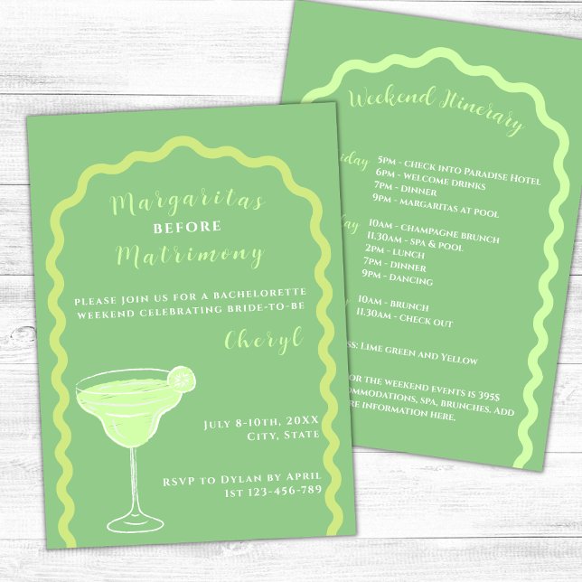 Invitation Margaritas Et Mariage Bachelorette Week-End (Margaritas and matrimony bachelorette weekend lime green wavy arch margarita glass)