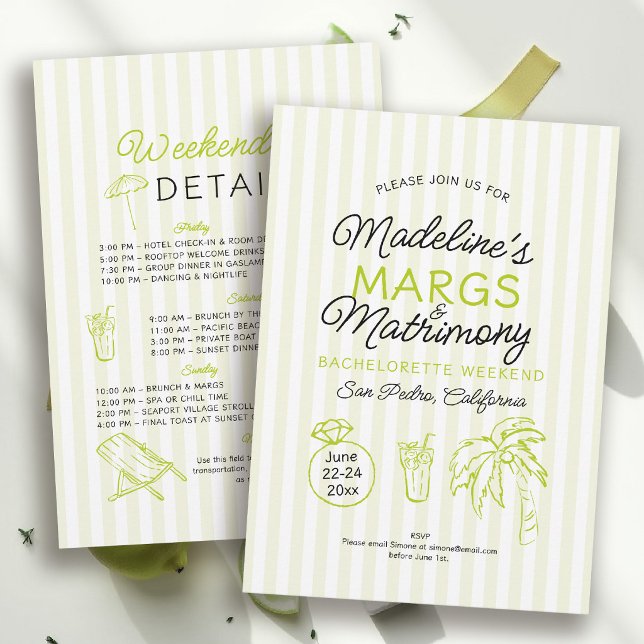 Invitation Marges et Matrimonie Rayure Citron Enterrement de  (margs and matrimony bachelorette theme invitation itinerary lime stripe hand drawn beach pool )
