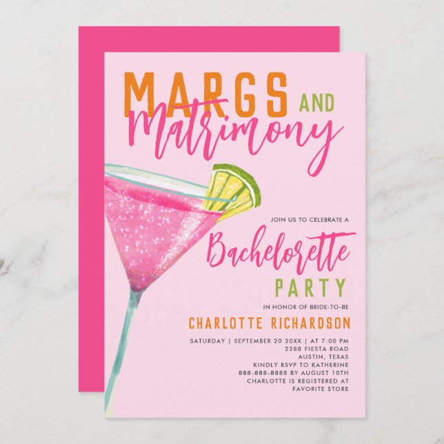Invitation Marges & Mariage rose Margarita Bachelorette Bash (Devant / Derrière)