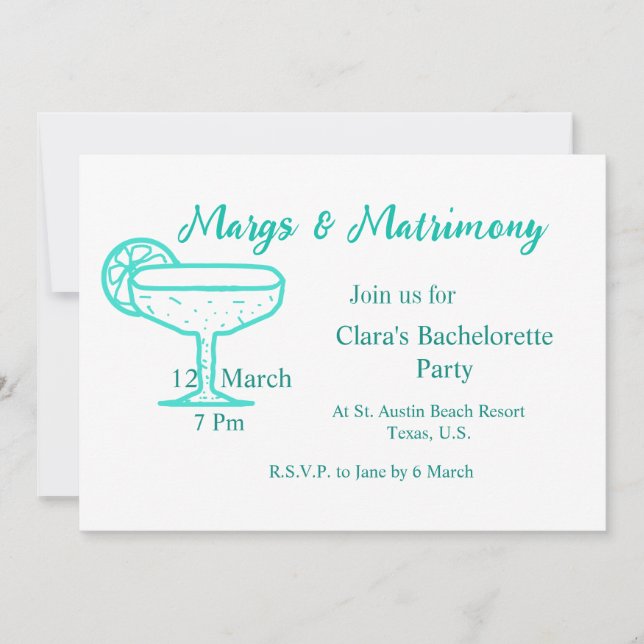 Invitation Marges turquoise & Mariage Tequila célibataire en  (Devant)