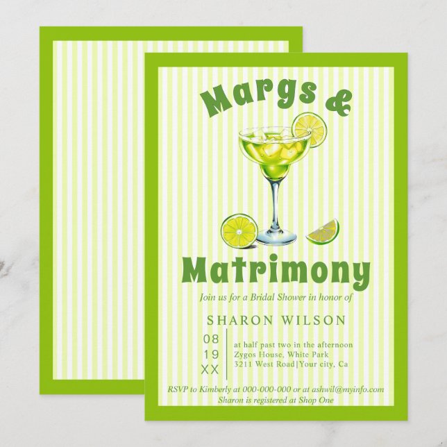 Invitation Margs & Mariage cocktail vert nuptiale douche (Devant / Derrière)