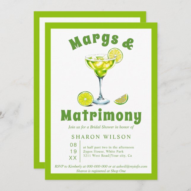Invitation Margs & Mariage cocktail vert nuptiale douche (Devant / Derrière)
