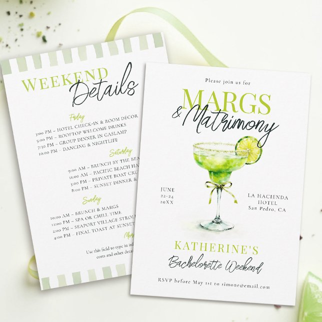 Invitation Margs Mariage Margaritas Citron Enterrement de Vie (margs and matrimony bachelorette invitation itinerary girls weekend beach pool party tequilla)