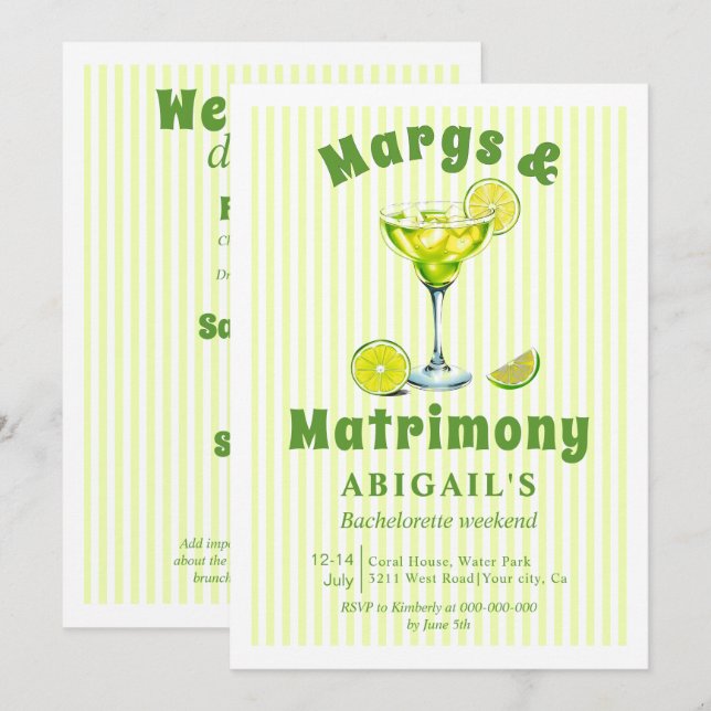 Invitation Margs & Matrimony cocktail week-end bachelorette (Devant / Derrière)