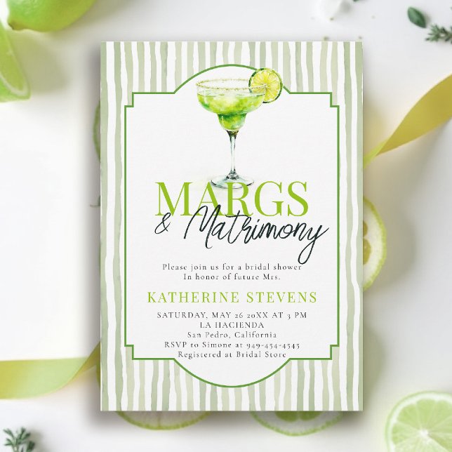 Invitation Margs Matrimony Margarita Bistro Réception de Mari (margs and matrimony bridal shower invitation design modern watercolor calligraphy bistro stripes)
