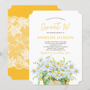 Invitation Marguerites d'été jaunes et dentelle blanche seize