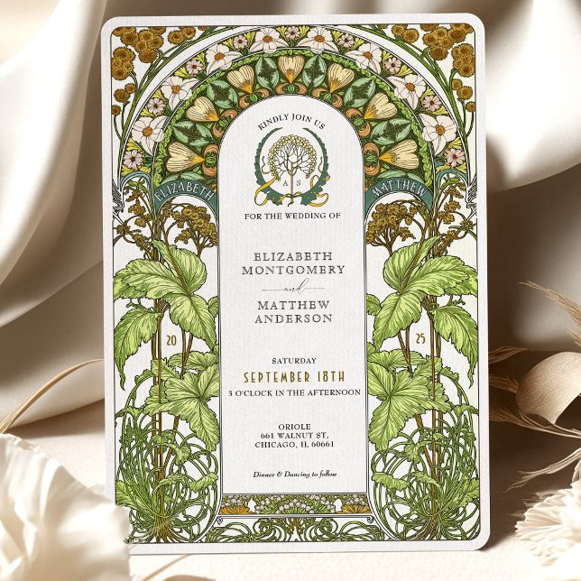 Invitation Marguerites d'or et feuillage vert Art Nouveau Mar (Créateur téléchargé)