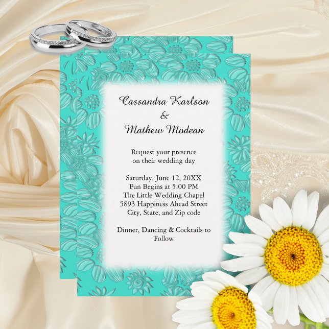 Invitation Marguerites en Mariage Turquoise & Blanc (Daisies in Turquoise & White Wedding Invitation)