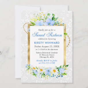 Invitation Marguerites et fleurs bleues d'été Feuille d'or Sw