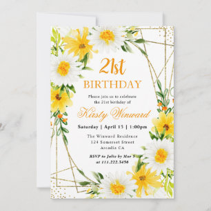 Invitation Marguerites et fleurs jaunes Cadre doré 21e annive