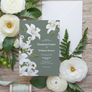 Invitation Marguerites Et Lys Blancs Fond Vert Mariage 
