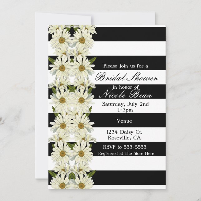 Invitation Marguerites et rayures noires et blanches Floral m (Devant)