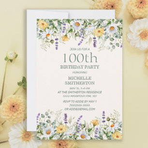 Invitation Marguerites Lavande Fleurs Jaunes 100e Anniversair