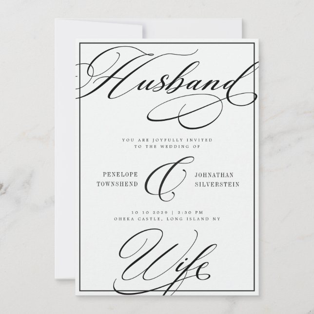 Invitation Mari & Femme Calligraphie Mariage Noir Blanc (Devant)