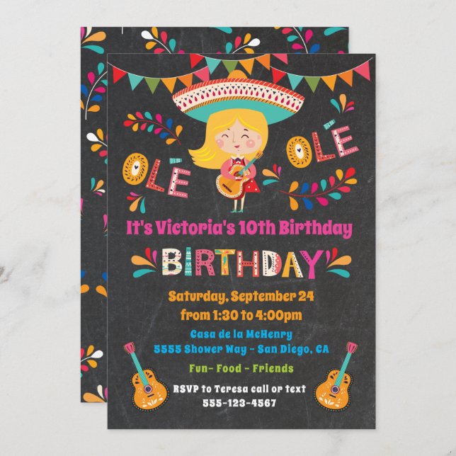 Invitation Mariachi Fille Mexicaine Fête d'anniversaire (Devant / Derrière)