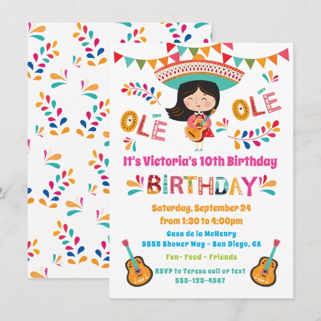 Invitation Mariachi Fille Mexicaine Fête d'anniversaire (Devant / Derrière)