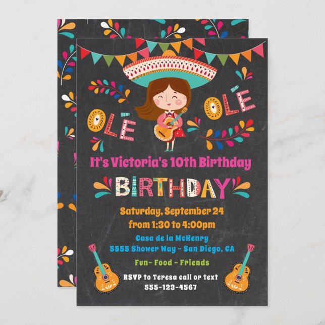 Invitation Mariachi Fille Mexicaine Fête d'anniversaire (Devant / Derrière)