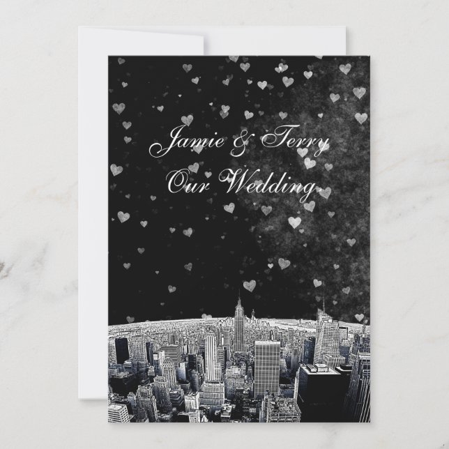 Invitation Mariage #2 NYC Skyline Gravé Noir Blanc Cœur (Devant)