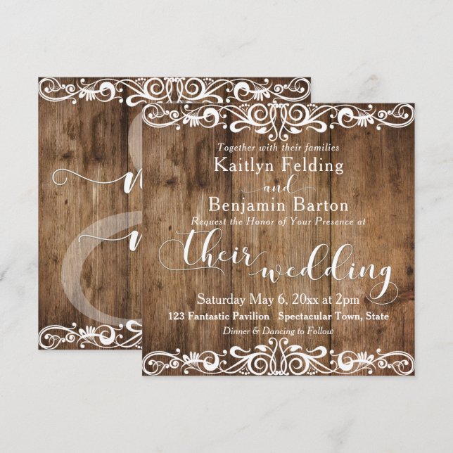 Invitation Mariage 2b en Bois Brun Rustique avec Typographie  (Devant / Derrière)