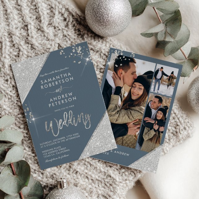 Invitation Mariage 3 photo moderne Ice Blue et Silver Parties (Modern Ice Blue and Silver Glitter 3-Photo Wedding Invitation)