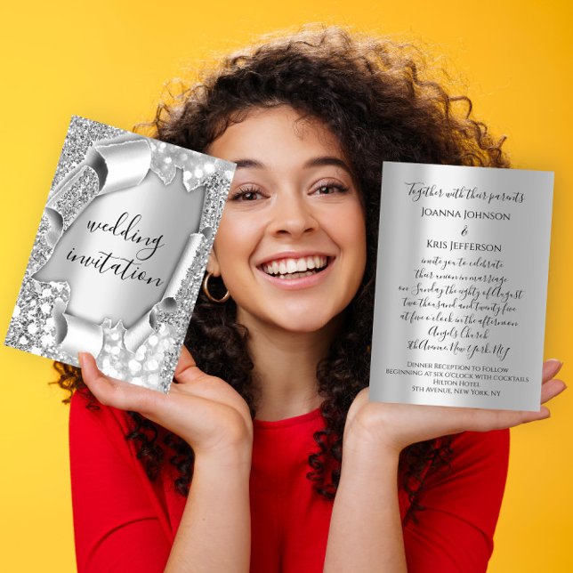 Invitation Mariage 3D Effet Élégante Parties scintillant gris (Wedding 3D Effect Elegant Gray Silver Glitter Invitation)