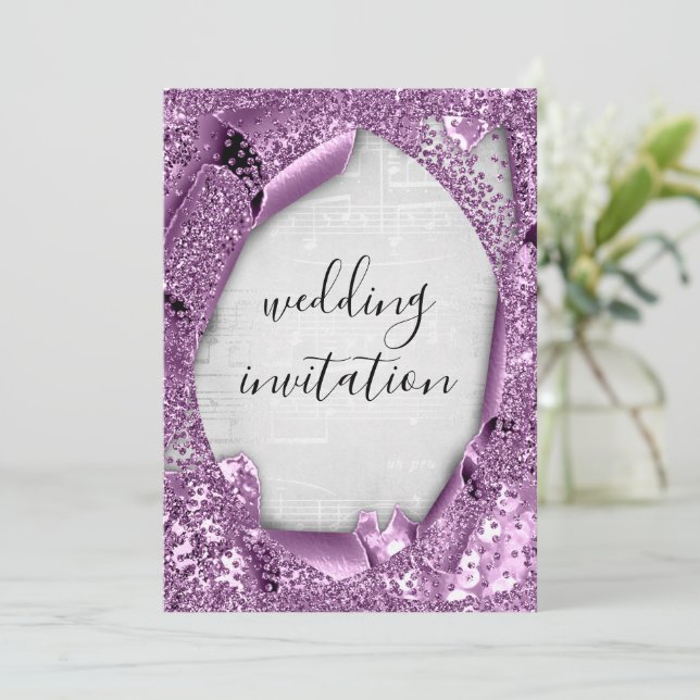 Invitation Mariage 3D Effet Silver Grey Purple Music (Debout devant)