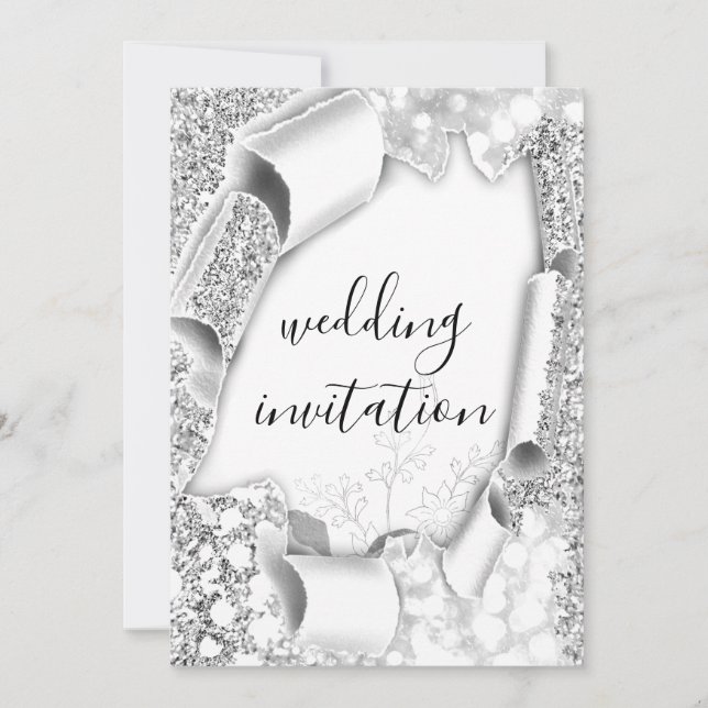 Invitation Mariage 3D Panier Effet Blanc Frame Florals Argent (Devant)