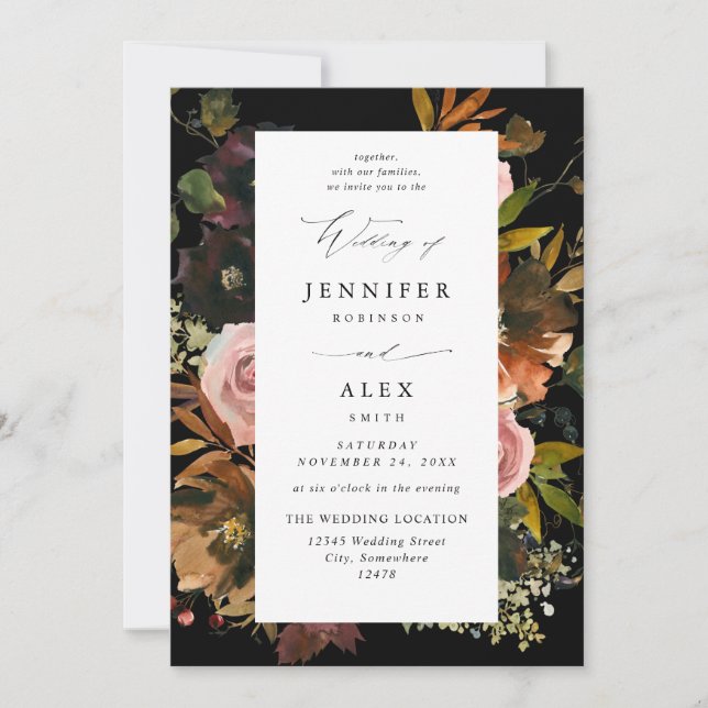 Invitation Mariage 4-Noirs Rustique or, violet et rose Floral (Devant)