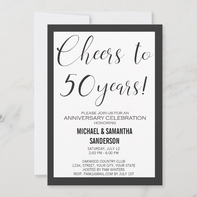 Invitation Mariage 50 Ans Anniversaire Noir & Blanc Moderne  (Devant)