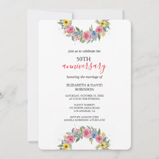Invitation mariage 50e anniversaire de la fleur aquarelle uni