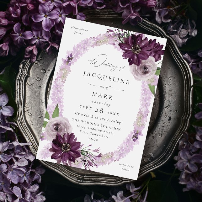 Invitation Mariage à anneaux floraux violet et lavande V2 (Créateur téléchargé)