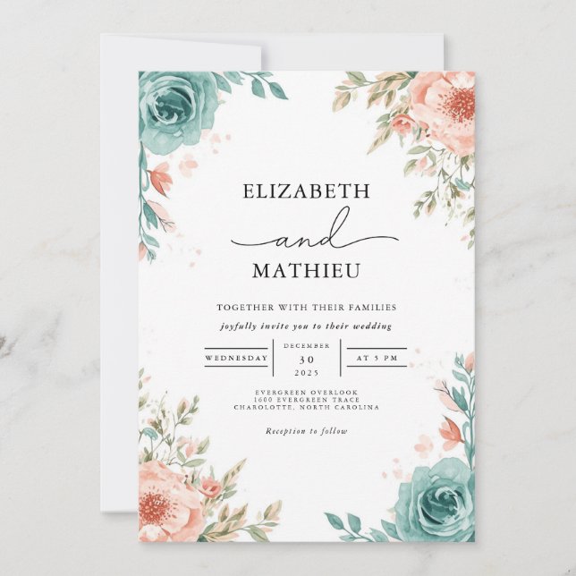 Invitation Mariage à arc floral Turquoise doux (Devant)