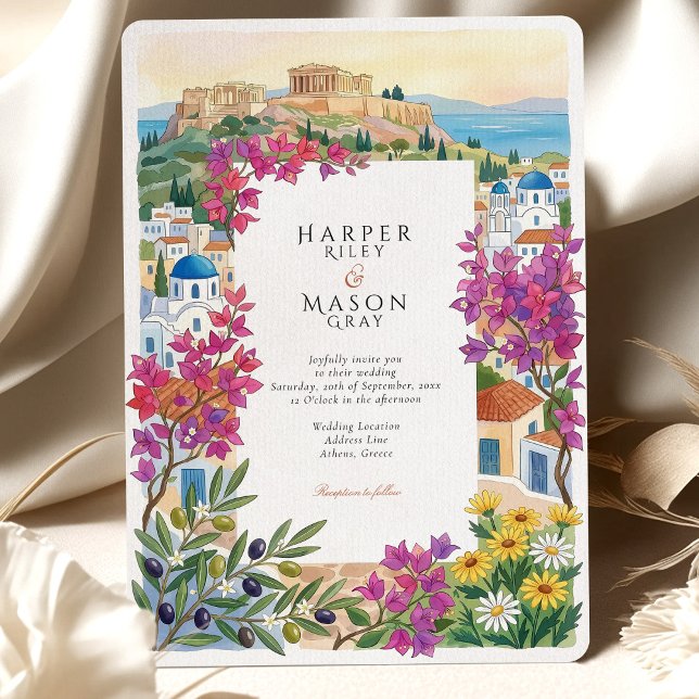 Invitation Mariage à Athènes Grèce Acropole Bougainvillée (Créateur téléchargé)
